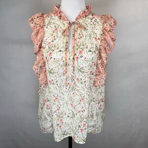 Studio B By Bobeau Sz L Floral Ruffle Sleeves Semi Sheer Tie Neckline